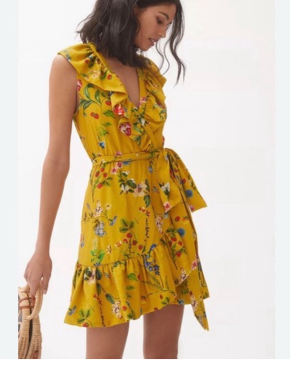 Maeve/ Urban outfitters Yellow Floral 💛strawberry 🍓Ruffle Wrap Mini Dress